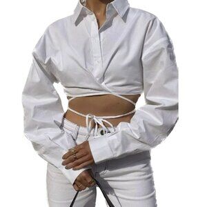 White Fox Cotton Wrap-Tie Back Cropped Long Sleeve Button-Up Blouse (White)